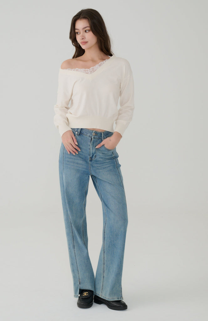 Double layered lace knit top in Beige