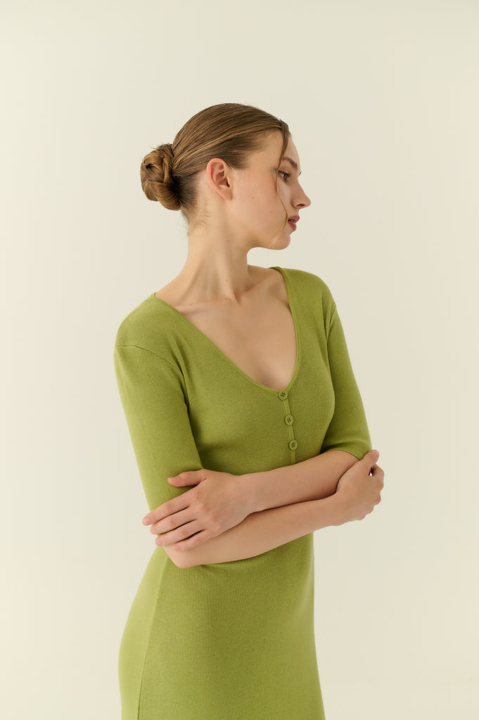 Soft touch button down knit dress in green