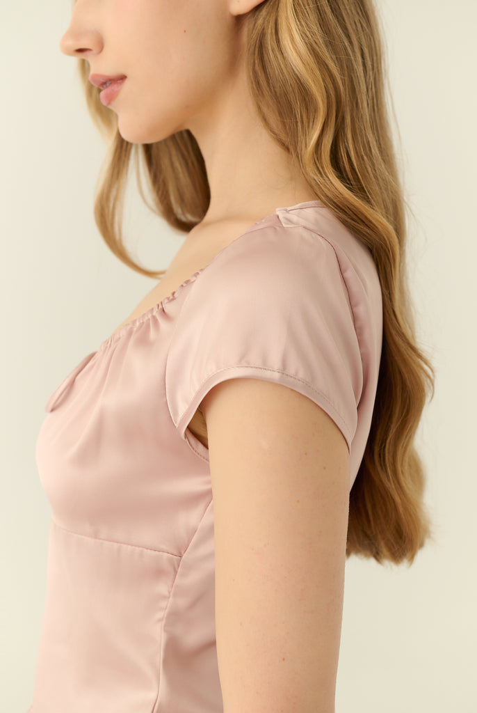 Square neck silk top in pink