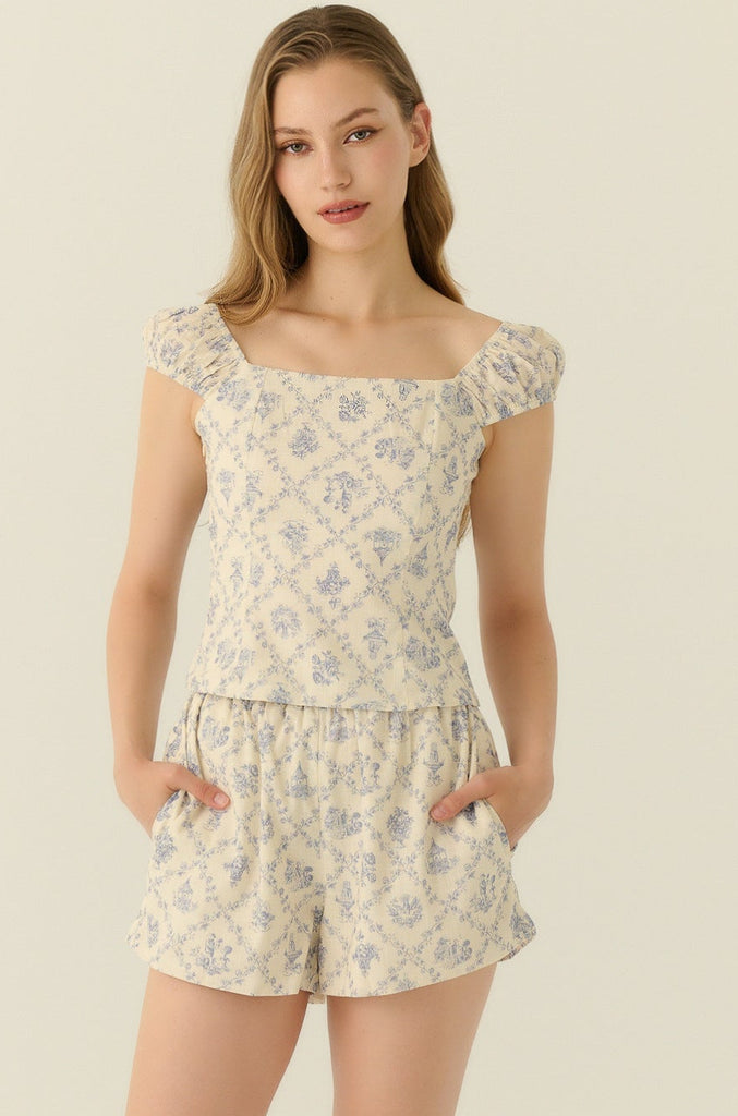 Azulejo print elastic waist shorts