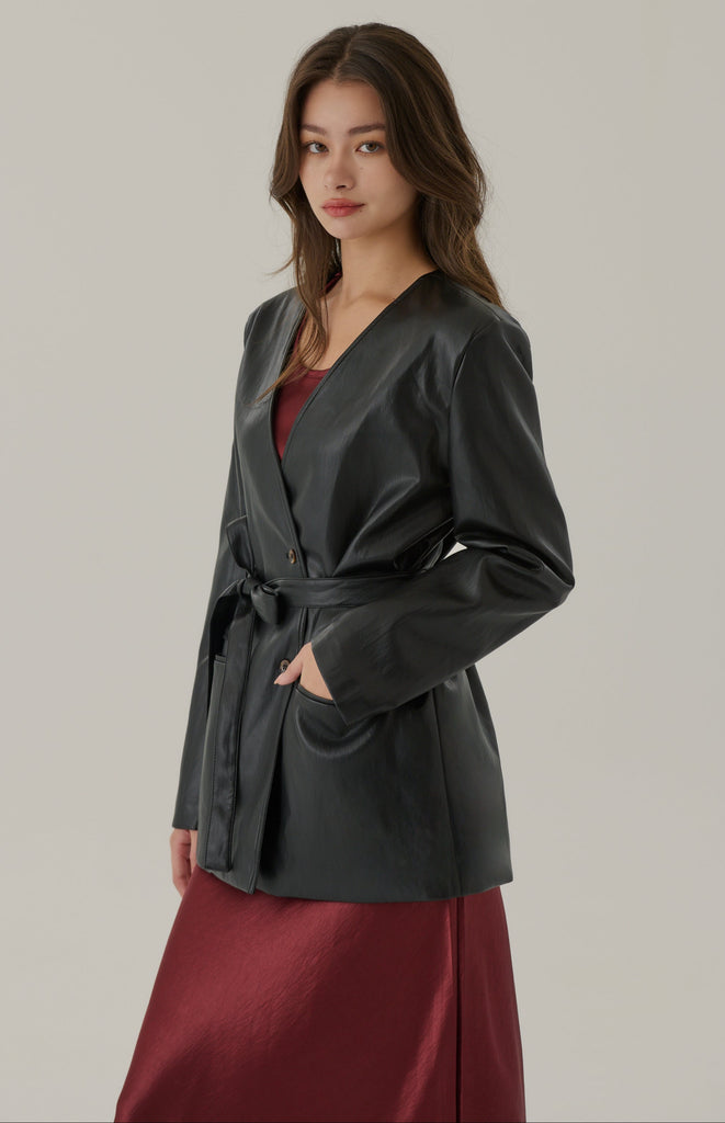 West village collarless faux leather jacket
