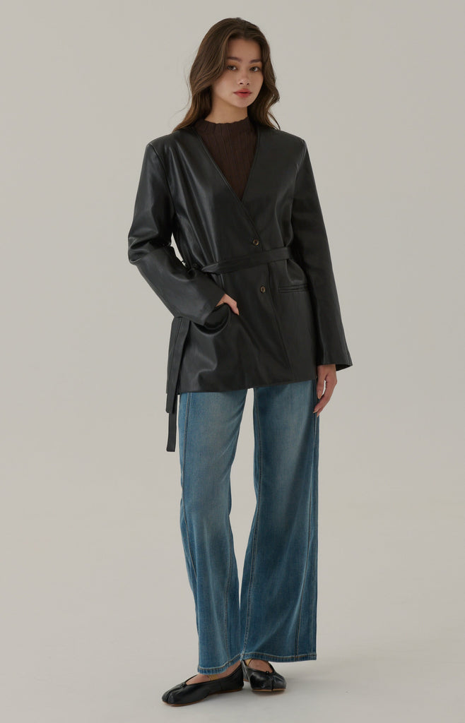 West village collarless faux leather jacket