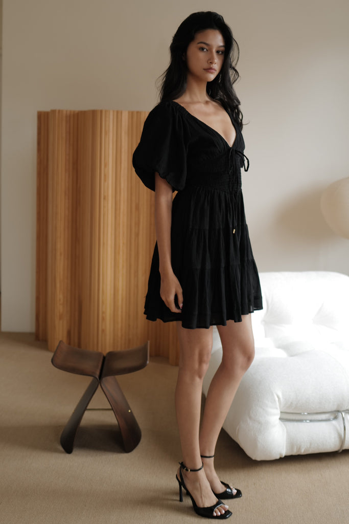Holiday puff sleeve linen dress in black