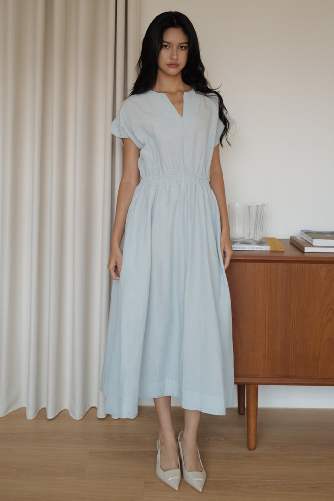Camille elastic waist linen dress in sky blue