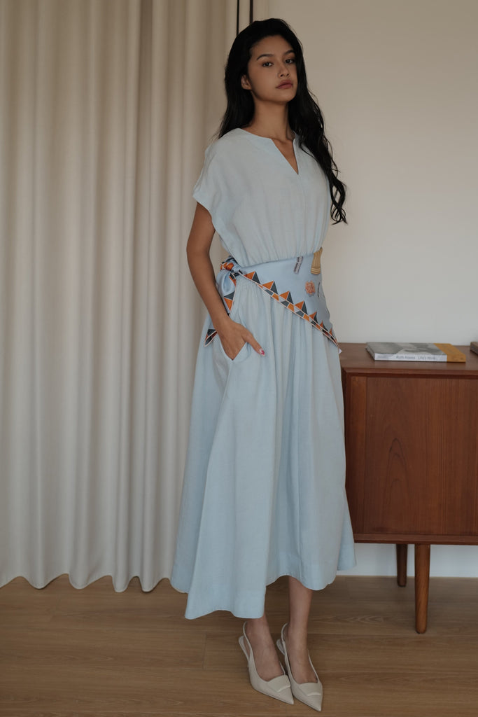 Camille elastic waist linen dress in sky blue