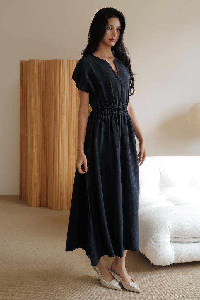 Camille elastic waist linen dress in navy blue