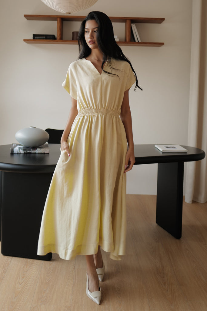 Camille elastic waist linen dress in butter yellow