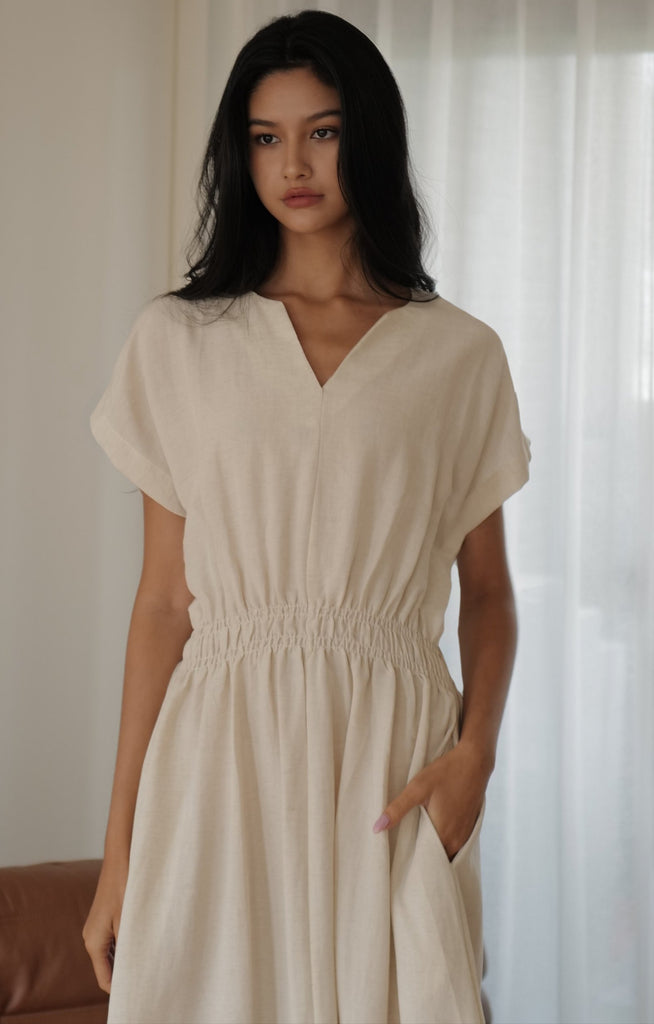 Camille elastic waist linen dress in beige