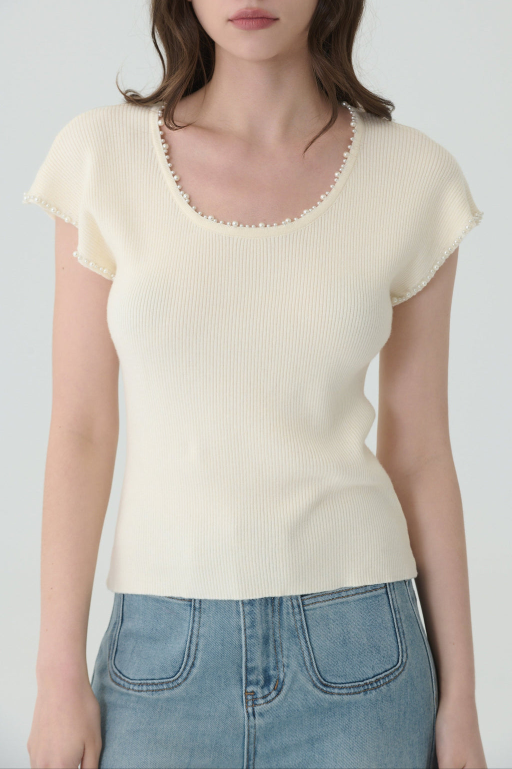 Trim knit top (pearl sleeves)