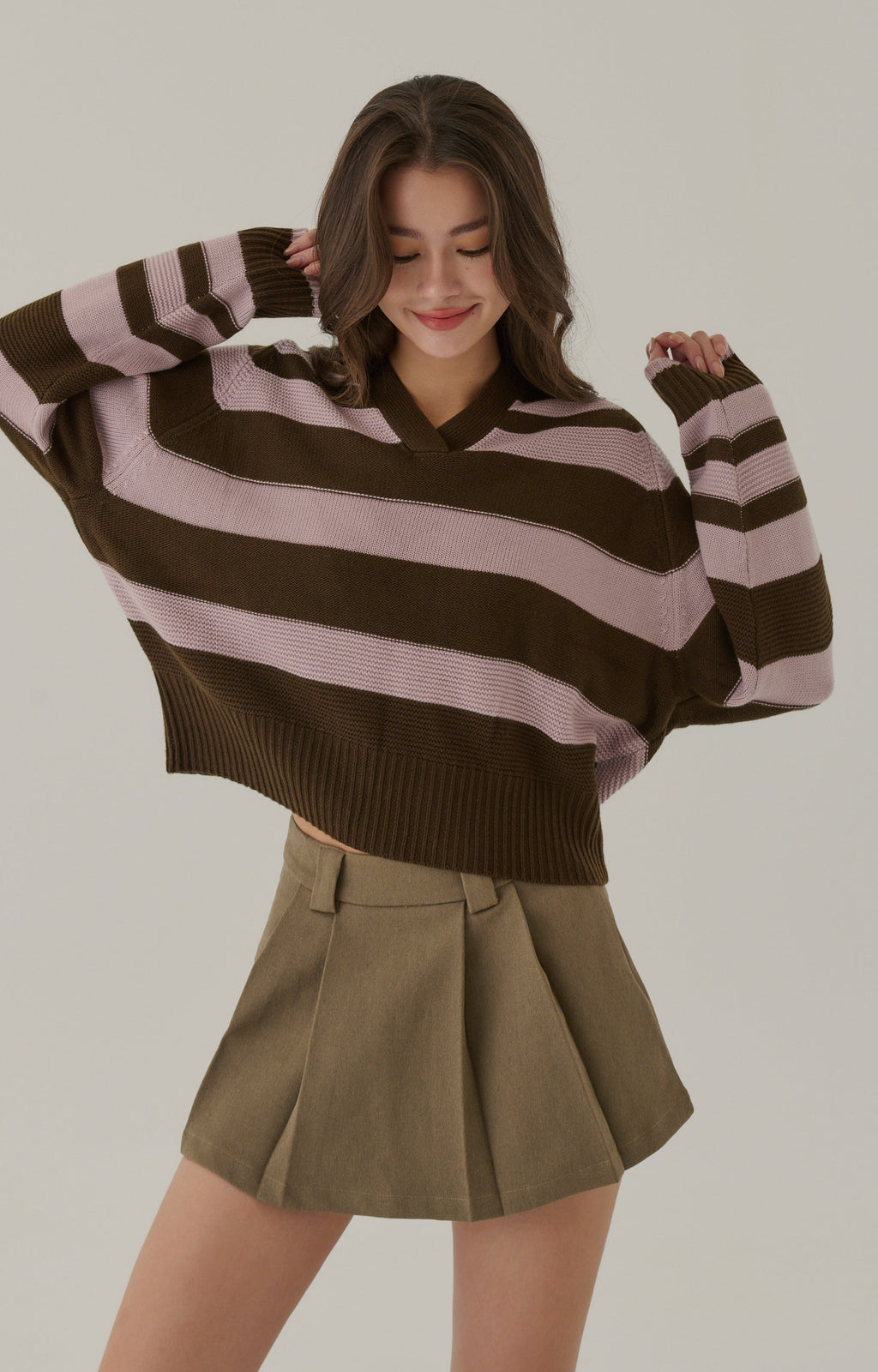 Fall vibe stripes polo knit top in brown