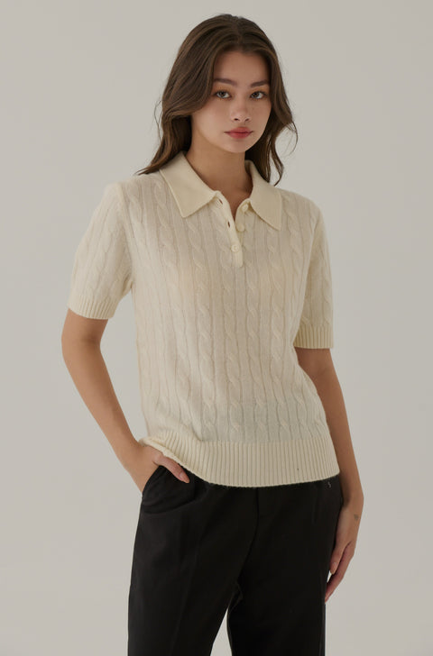 Vintage knit 100% wool polo top in white