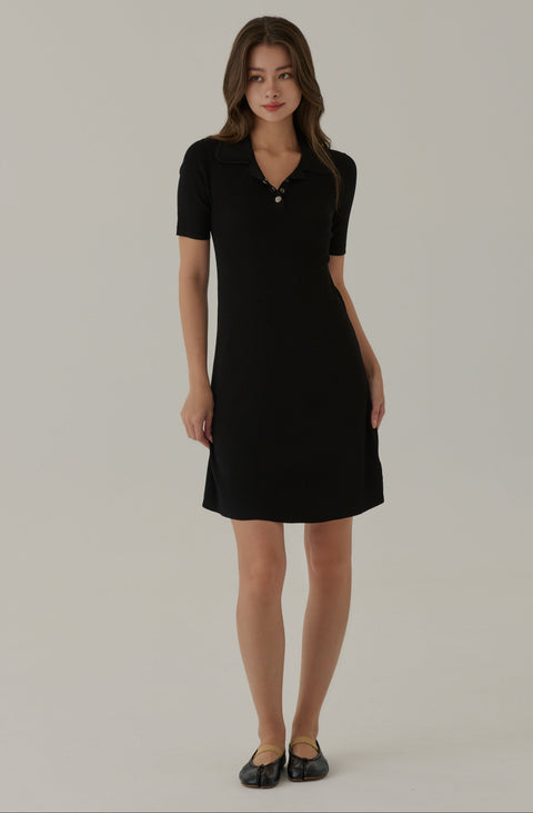 Campus polo knit dress in black