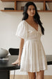Holiday puff sleeve linen dress in white