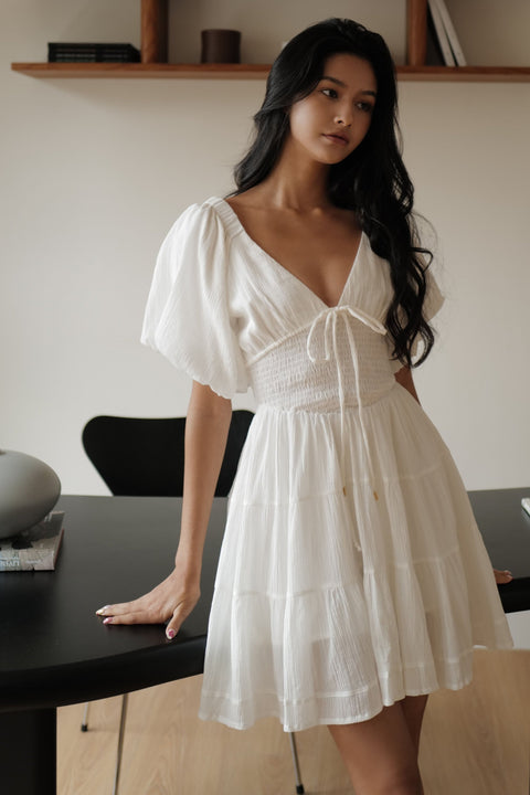 Holiday puff sleeve linen dress in white