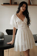 Holiday puff sleeve linen dress in white