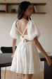 Holiday puff sleeve linen dress in white