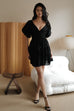 Holiday puff sleeve linen dress in black