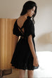 Holiday puff sleeve linen dress in black