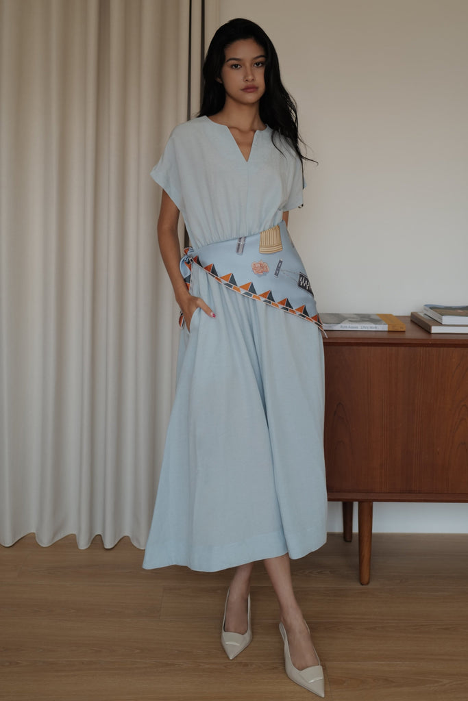 Camille elastic waist linen dress in sky blue