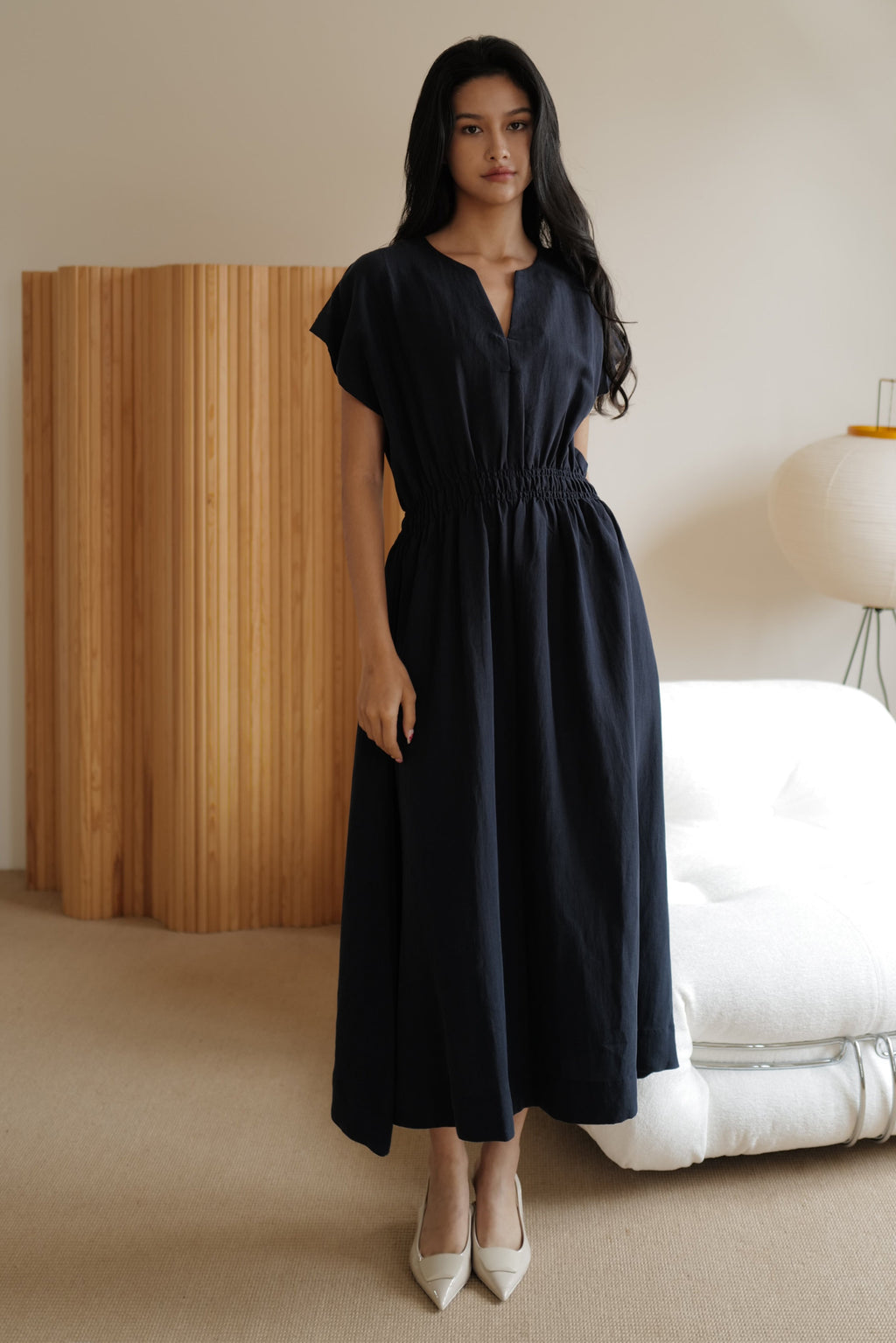 Camille elastic waist linen dress in navy blue