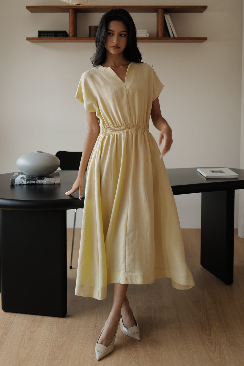 Camille elastic waist linen dress in butter yellow