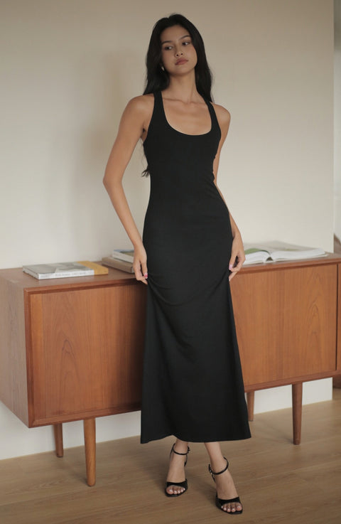 Twist back midi dress in black